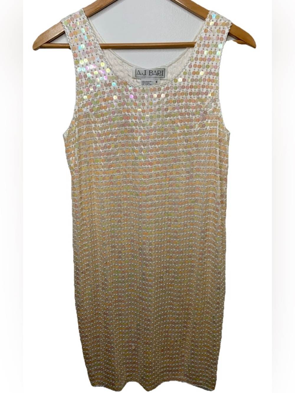 A J BARI Size 6 Full Sequin Vintage Cocktail Dress Ivory Peach Short Sleeveless